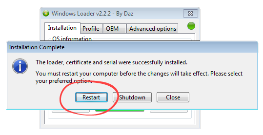 Перезагрузка Windows 7 после активации
